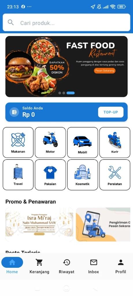 Tampilan aplikasi Bakusam Customer — makanan, motor, mobil, kurir, travel, dan merchant
